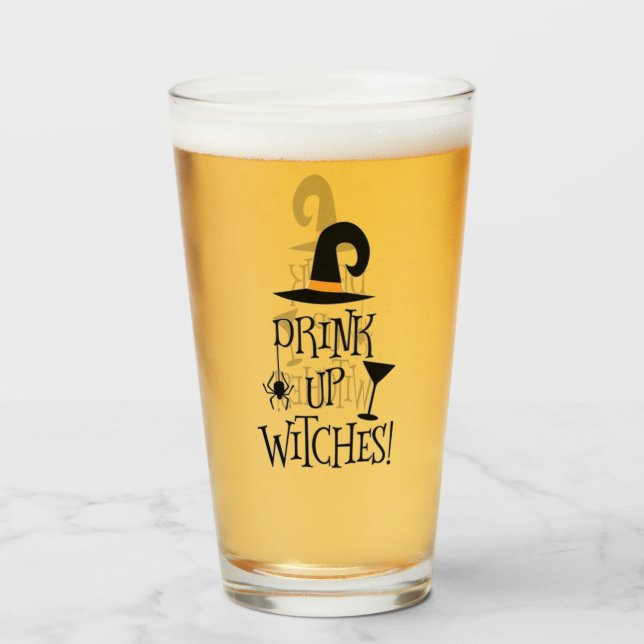 Funny Cute Halloween Drink Up Witches October Glass (Front Filled)