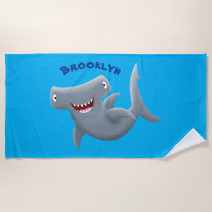 Funny cute Hammerhead shark cartoon Beach Towel