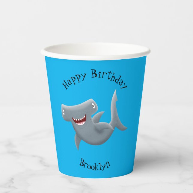 Funny cute Hammerhead shark cartoon Paper Cups (Front)