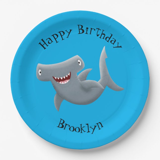 Funny cute Hammerhead shark cartoon Paper Plate (Front)