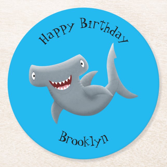 Funny cute Hammerhead shark cartoon Round Paper Coaster (Front)