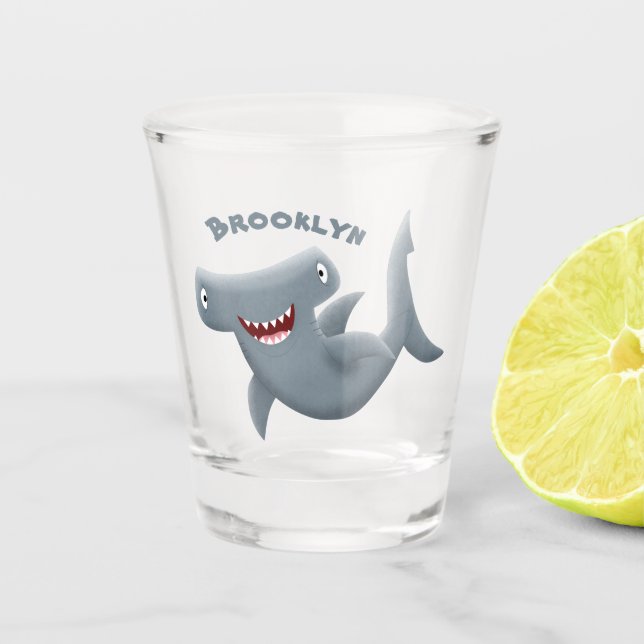 Funny cute Hammerhead shark cartoon Shot Glass (Front)