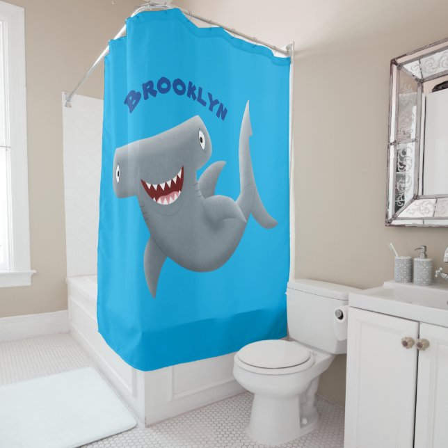 Funny cute Hammerhead shark cartoon Shower Curtain (In Situ)