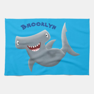 Funny cute Hammerhead shark cartoon Tea Towel