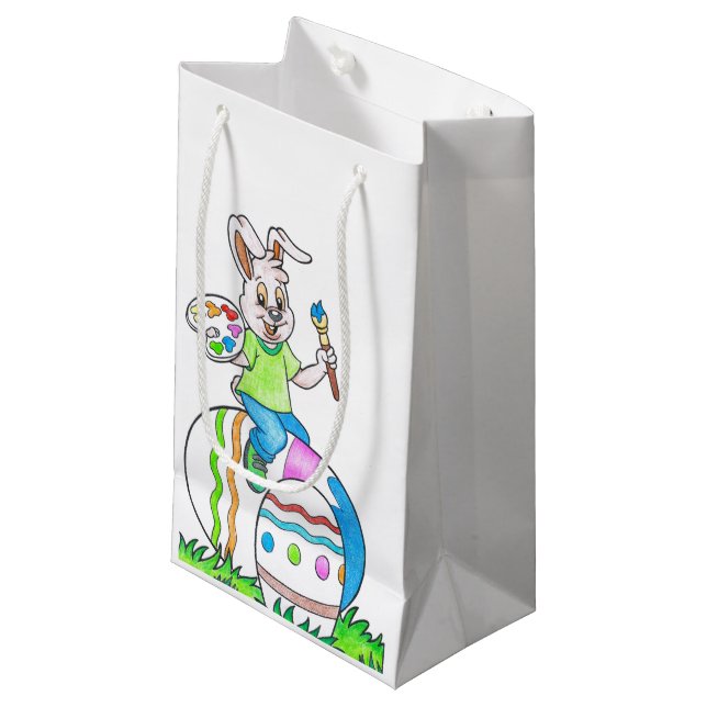 Funny Cute Happy Easter Bunny Painting Eggs Small Gift Bag (Front Angled)
