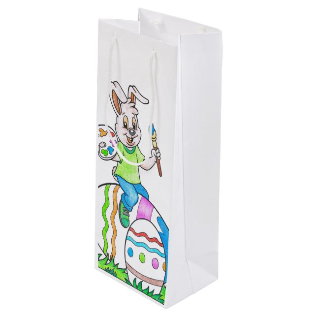 Funny Cute Happy Easter Bunny Painting Eggs Wine Gift Bag (Front Angled)