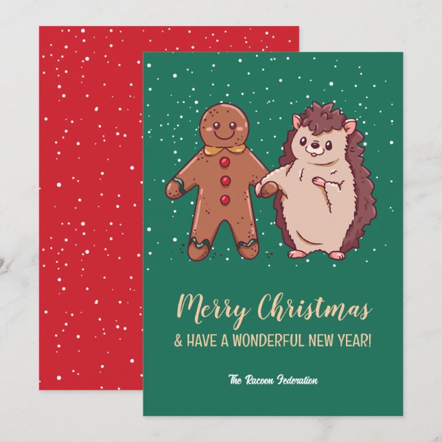Funny Cute Hedgehog Merry Christmas Happy New Year Holiday Card (Front/Back)