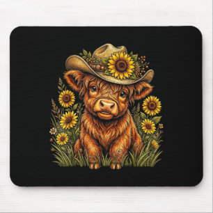 Funny cute highland cow sunflower floral farm mouse mat