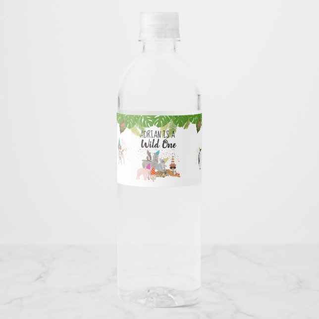 Funny & Cute Jungle Animals at Party Wild One Water Bottle Label (Front)