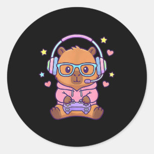 Funny cute kawaii capybara gamer gaming boys classic round sticker
