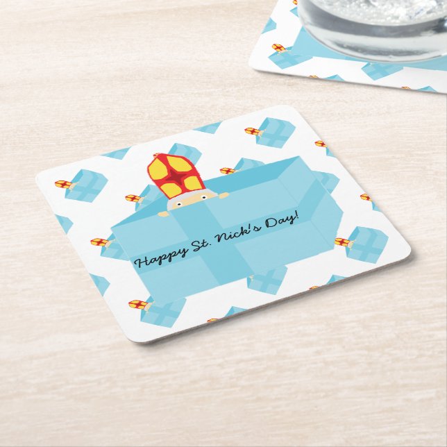 Funny Cute Kids Art St. Nicholas Sinterklaas Square Paper Coaster (Angled)