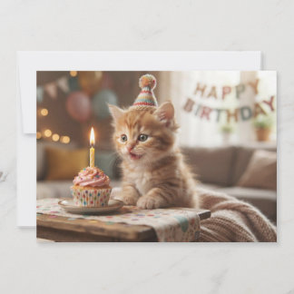 Funny cute kitten with a cupcake. Happy Birthday. Holiday Card