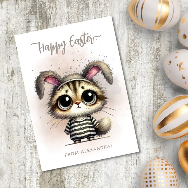 Funny Cute Kitty in Pyjamas Happy Easter Holiday Card (Creator Uploaded)