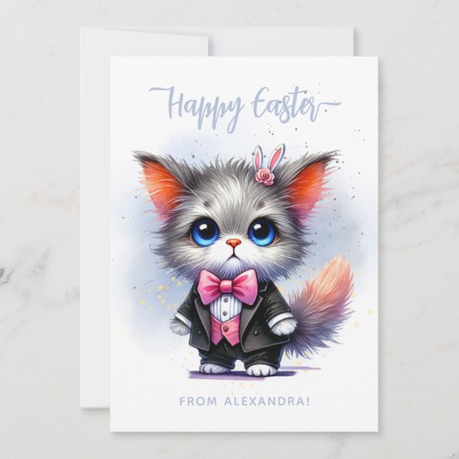 Funny Cute Kitty in Tuxedo Happy Easter Holiday Card (Front)