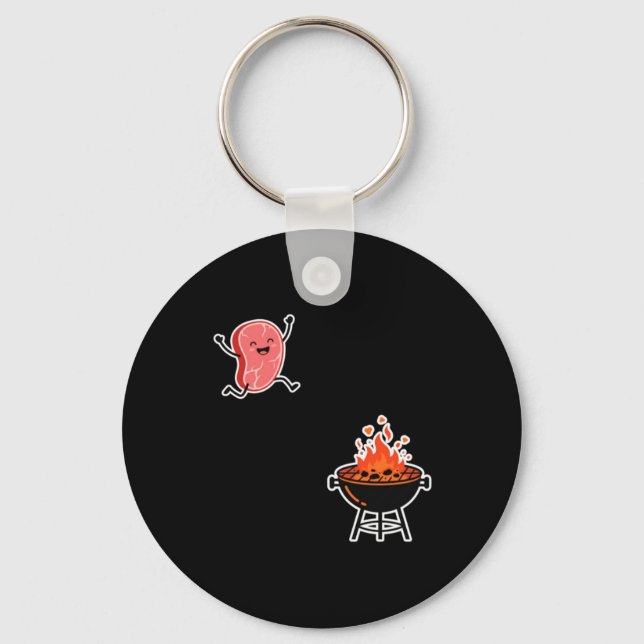 Funny Cute Meat Jumping Into Bbq Grill Humour Key Ring (Front)
