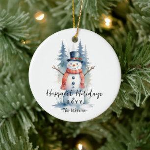Funny Cute MInimalist Snowman Frosted Forest  Ceramic Tree Decoration