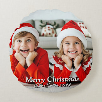 Funny, Cute, Modern Family Photo Christmas Round Cushion