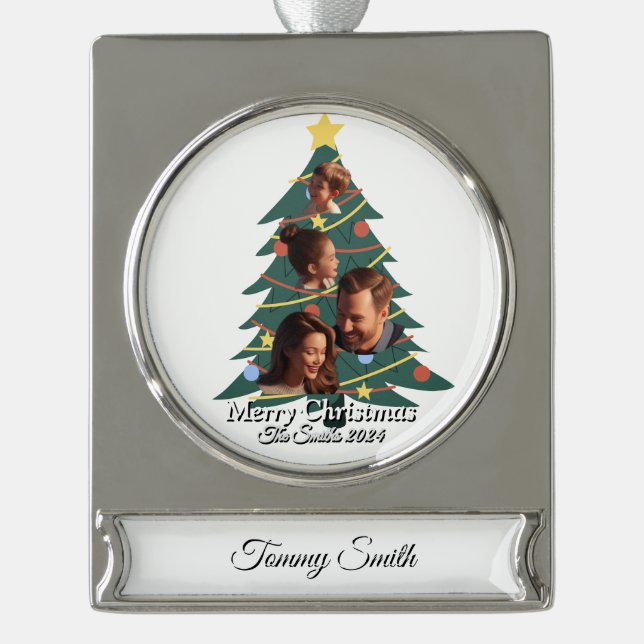 Funny, Cute, Modern Family Photo Christmas Silver Plated Banner Ornament (Front)
