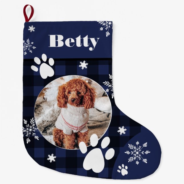 Funny cute navy blue plaid dog pet photo Christmas Large Christmas Stocking (Front)