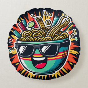 Funny Cute Noodle Cartoon Ramen Bowl Round Cushion