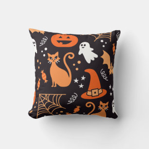 Funny Cute Orange Black Halloween Symbols Pattern  Cushion