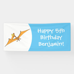 Funny cute orange flying pterodactyl cartoon banner