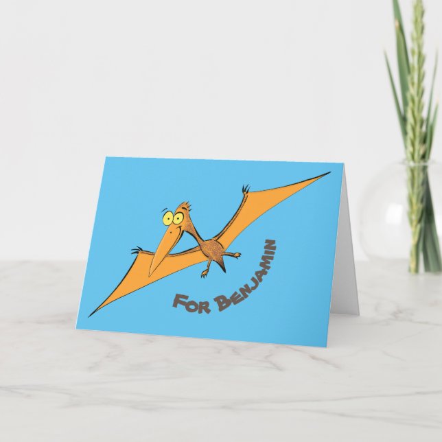 Funny cute orange flying pterodactyl cartoon card (Front)