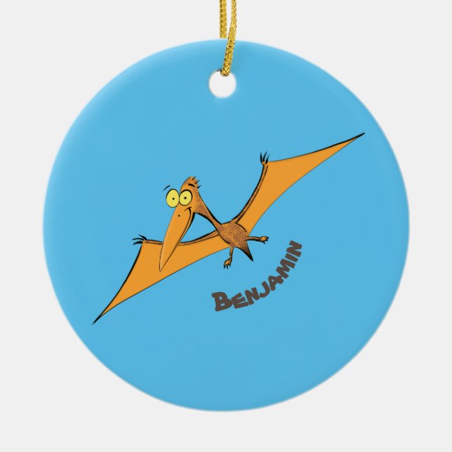 Funny cute orange flying pterodactyl cartoon ceramic tree decoration (Front)
