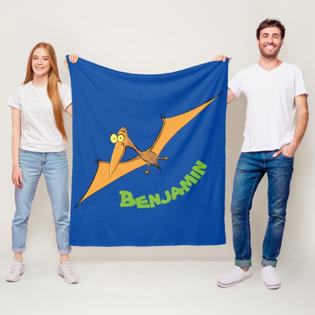Funny cute orange flying pterodactyl cartoon fleece blanket (In Situ)