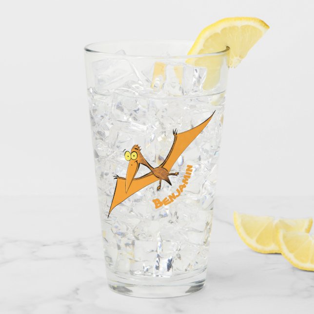 Funny cute orange flying pterodactyl cartoon glass (Back Ice)