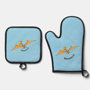 Funny cute orange flying pterodactyl cartoon oven mitt & pot holder set
