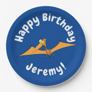 Funny cute orange flying pterodactyl cartoon paper plate