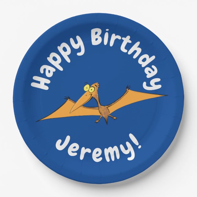 Funny cute orange flying pterodactyl cartoon paper plate (Front)