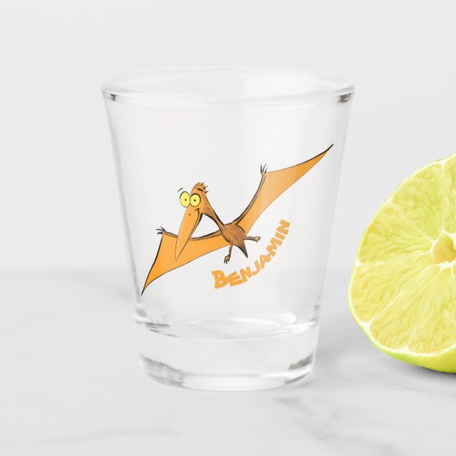 Funny cute orange flying pterodactyl cartoon  shot glass (Front)