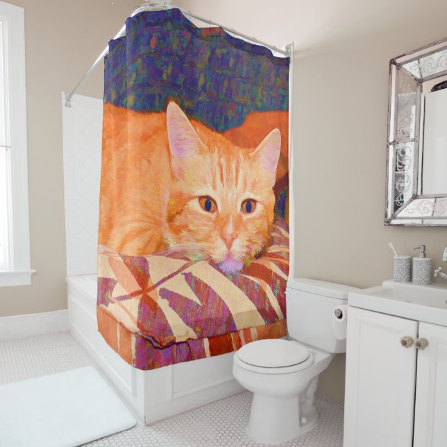 Funny Cute Orange Tabby Cat Shower Curtain (In Situ)
