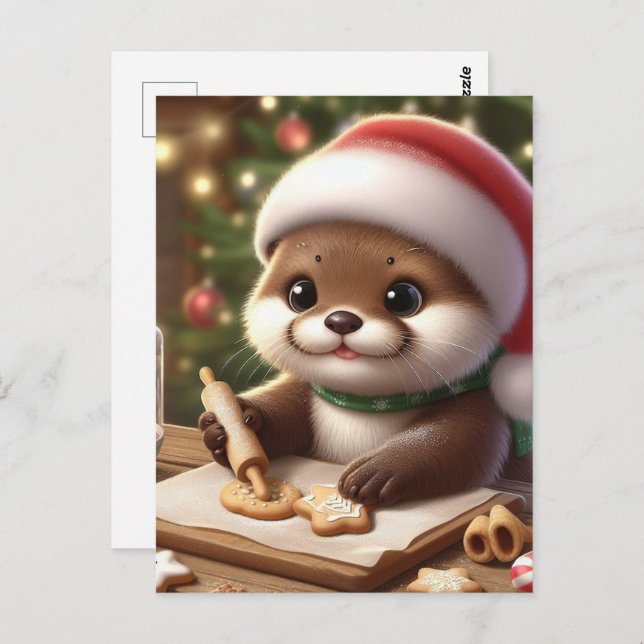 Funny Cute Otter Baking Christmas Cookies Postcard (Front/Back)