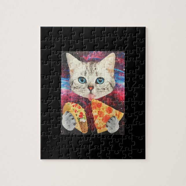 Funny Cute Outer Space Galaxy Cat Meme Pizza Taco Jigsaw Puzzle (Vertical)