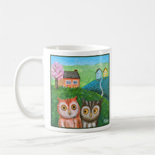 Funny Cute Owls Folk Art Country Landscape Hills Coffee Mug