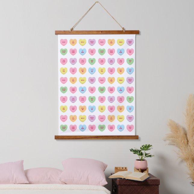 Funny cute pastel custom conversation candy hearts hanging tapestry (Bedroom)