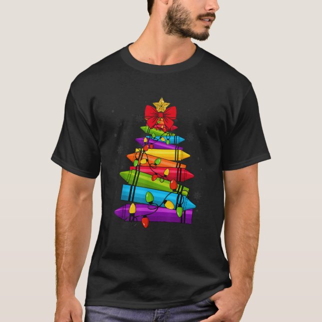 Funny Cute Pencil Christmas Tree Xmas Lights Teach T-Shirt (Front)