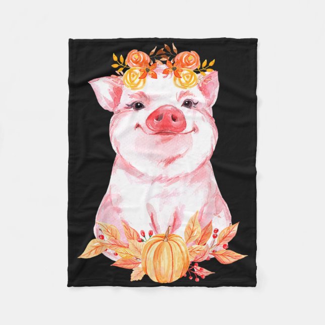 Funny Cute Pig Floral Autumn Fall Farm Animal Pigs Fleece Blanket (Front)