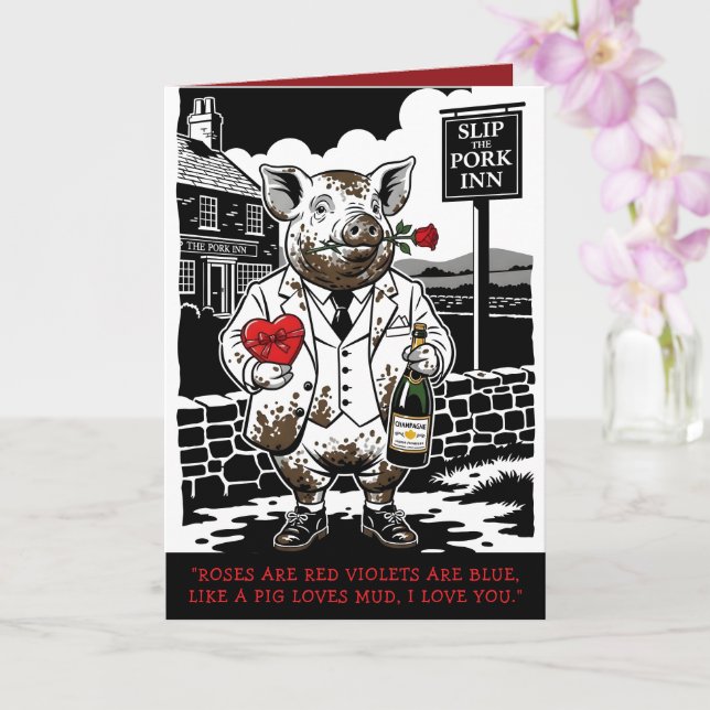 Funny, cute piggy Valentine's Day card (Orchid)