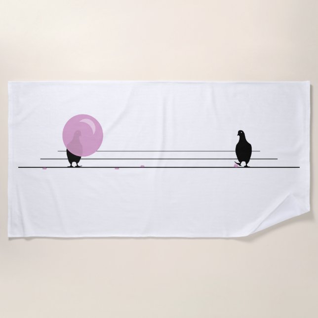 Funny Cute Pink Bubble Gum Birds On a Wire White Beach Towel (Front)
