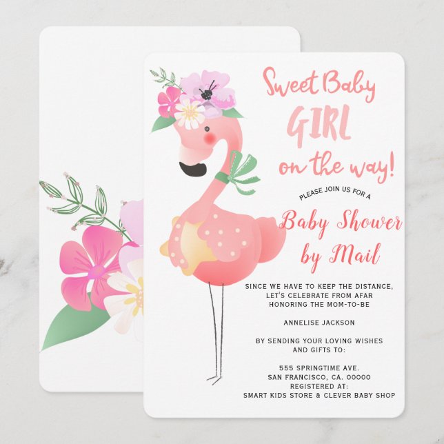 Funny cute pink flamingo baby shower by mail invitation (Front/Back)