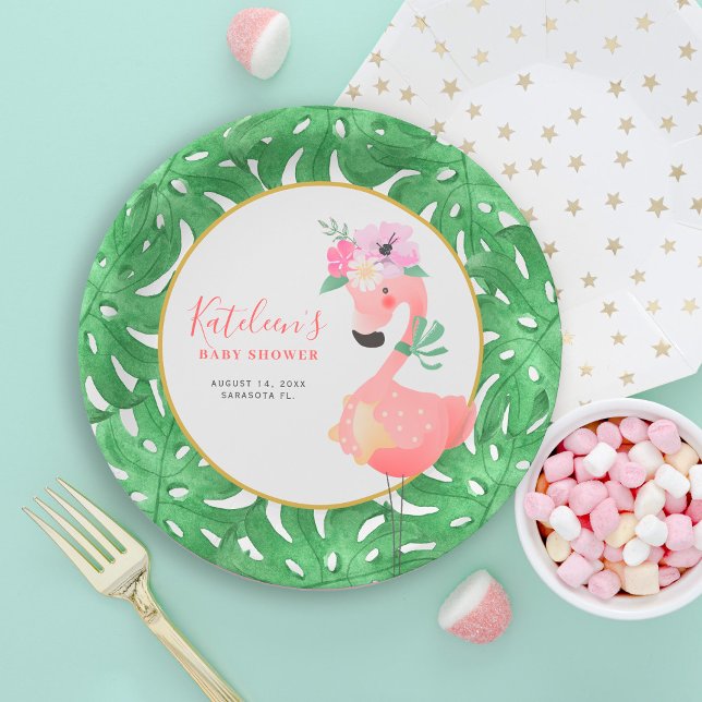 Funny cute pink flamingo baby shower paper plate (Creator Uploaded)