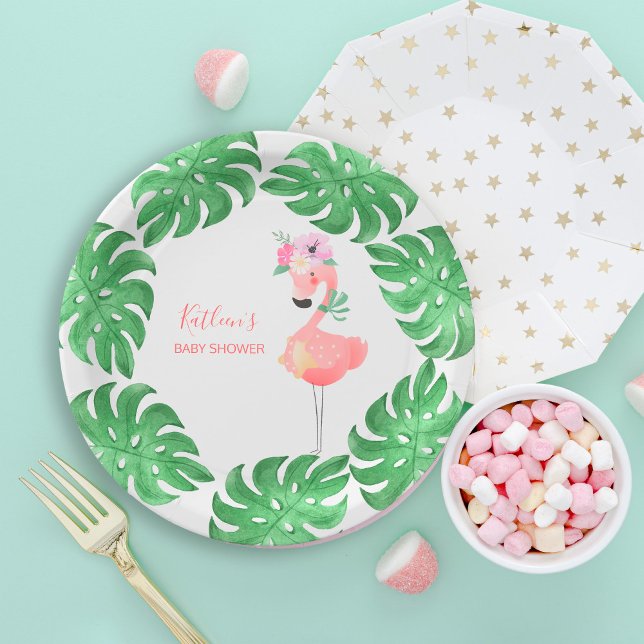 Funny cute pink flamingo baby shower paper plate (Creator Uploaded)