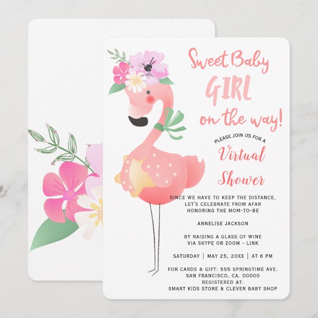 Funny cute pink flamingo baby shower virtual party invitation (Front/Back)