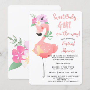 Funny cute pink flamingo baby shower virtual party invitation
