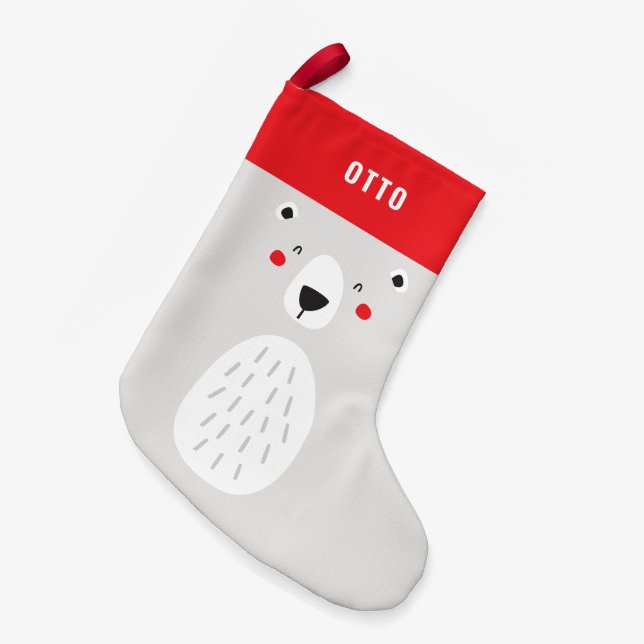 Funny cute polar bear personalised children's small christmas stocking (Front (Hanging))
