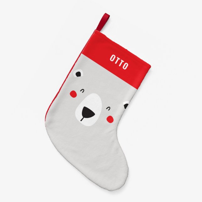 Funny cute polar bear personalised children's small christmas stocking (Front (Hanging))